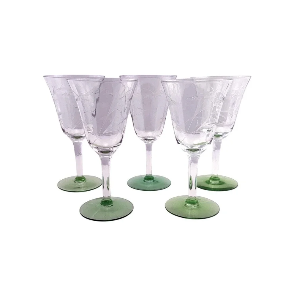Vintage Optic Glass Wine Glasses Green Footed (5) Etched Flowers 6 5/8